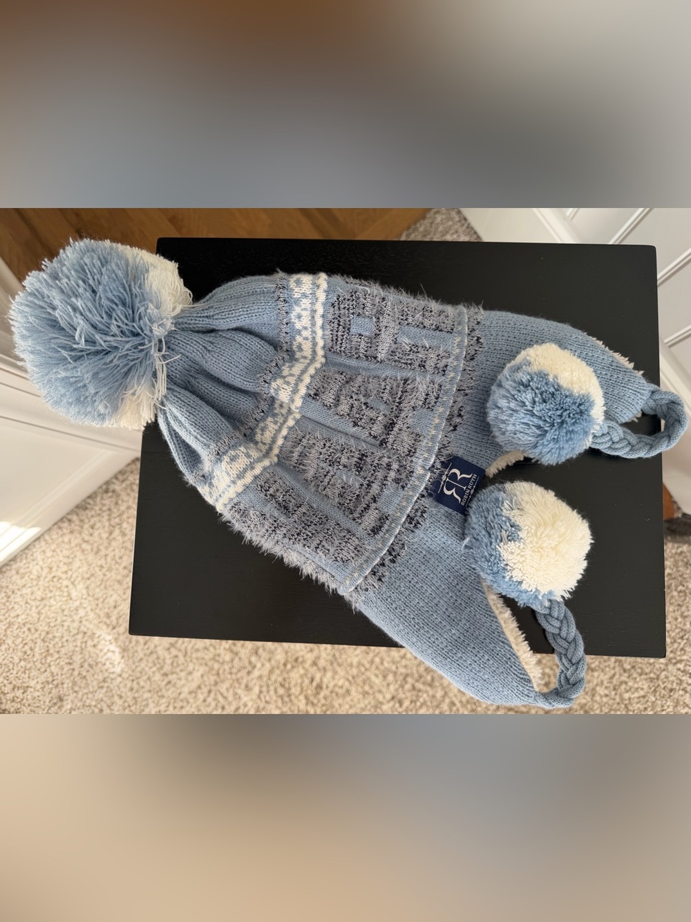 Robin Ruth “Argentina” Blue and Cream Kids Knit Pom Earflap Hat